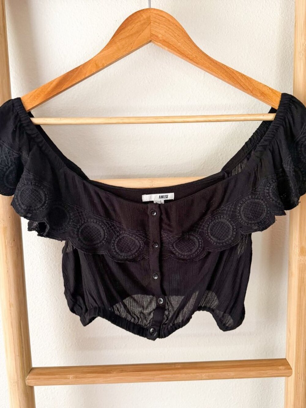 Amuse Society Black Off Shoulder Crochet Crop Top Womens Small Boho